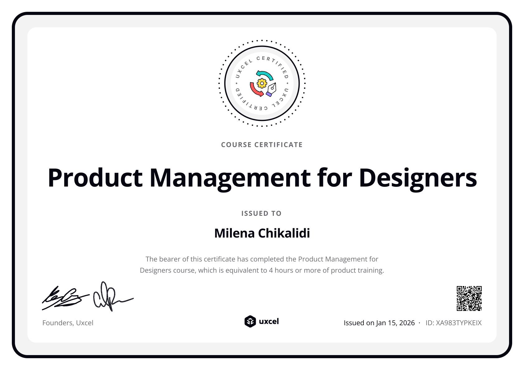 Milena Chikalidi's certificate